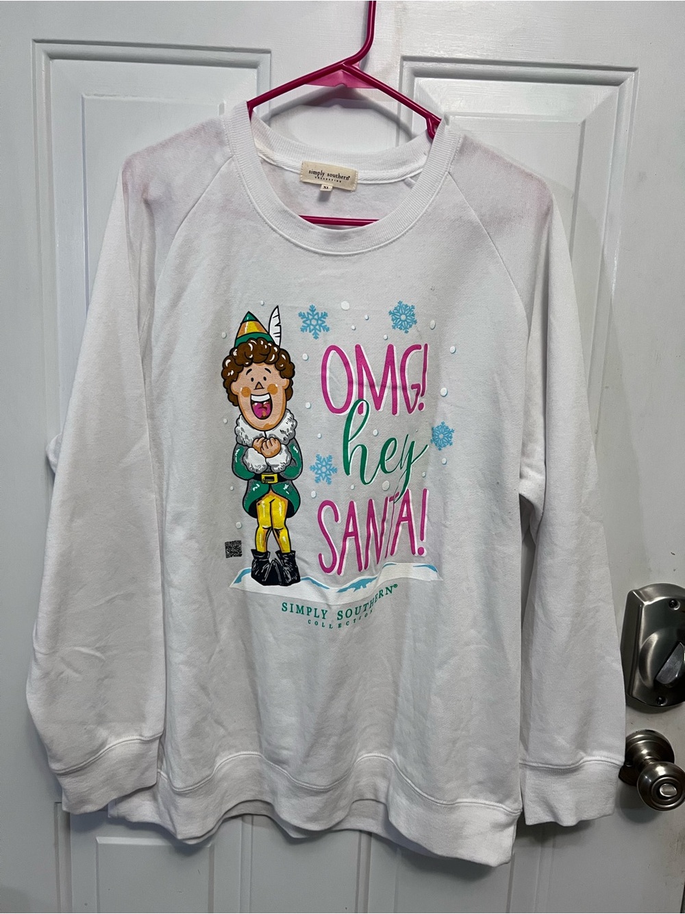 Simply Southern Women’s XL OMG Hey Santa Elf Christmas Sweatshirt White Holiday